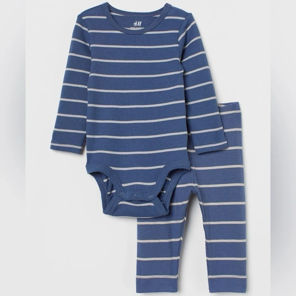 H&M Ribbed Cotton Set Blue/Striped Baby 18 Months
